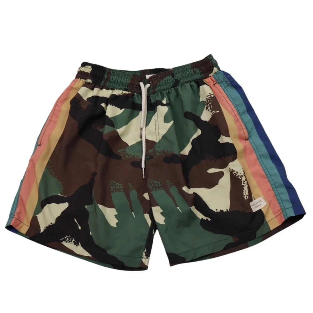 Duvin Boys Board Shorts Size Large Camo Print Swim Trunks Colorful Stripe